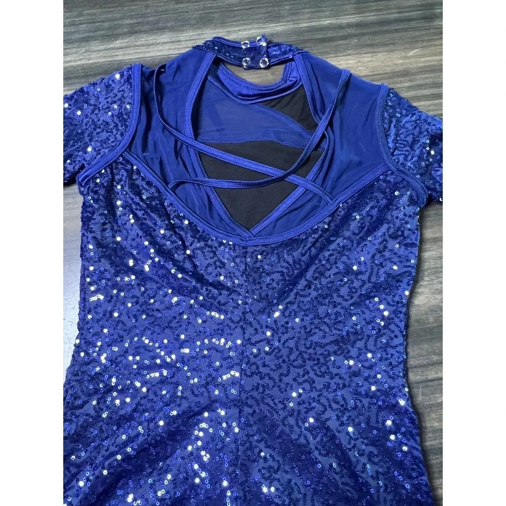 Weissman Sequin‎ Dance Romper Costume Leotard Blue Sparkle XLC